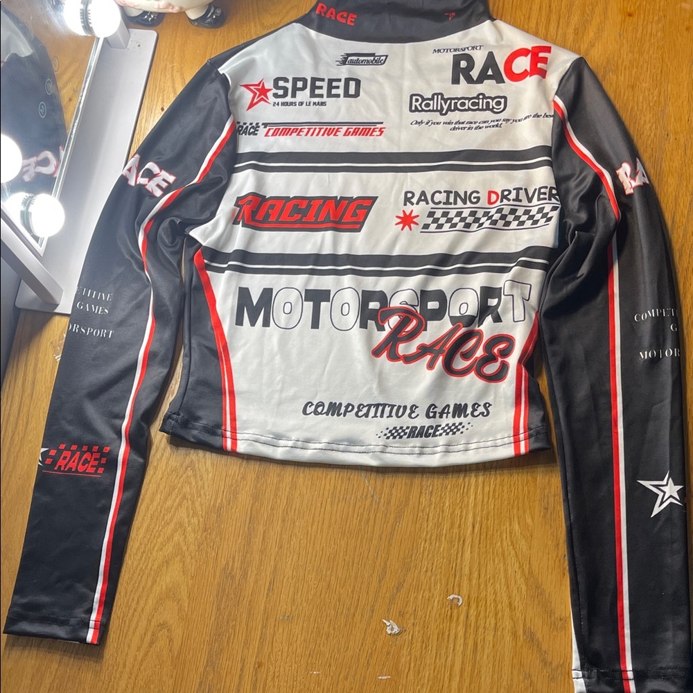 SHEIN Black and White Motorsport Long Sleeve Top